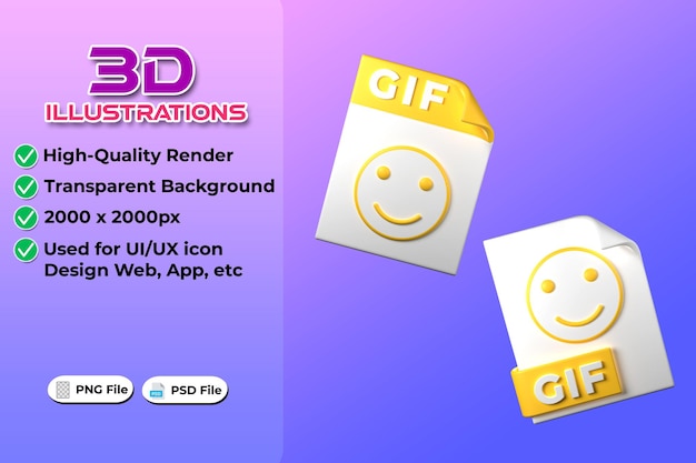 Rendu 3D de type de fichier GIF sur fond transparent Ui UX icon design tendance web et application