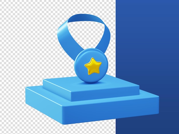 Rendu De Dessin Animé 3d Icônes De Médaille De Prix Gagnant Bleu Avec Podium Pour Les Conceptions D'annonces D'applications Mobiles Web Ui Ux