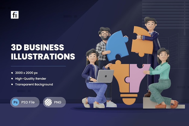 Rendu d'illustration d'icône 3d avec des personnes travaillant sur un puzzle