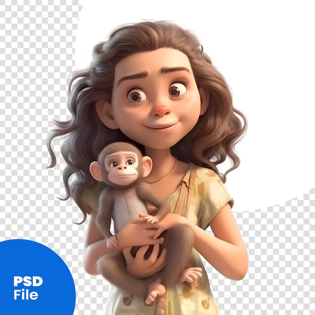 PSD rendu numérique 3d d'une jolie petite fille tenant un singe isolé sur fond blanc modèle psd