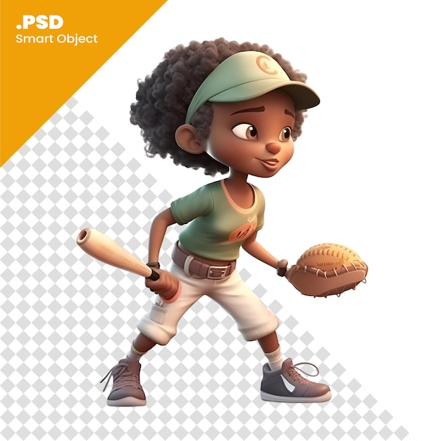 PSD rendu numérique 3d d'un petit joueur de baseball afro-américain isolé sur fond blanc modèle psd