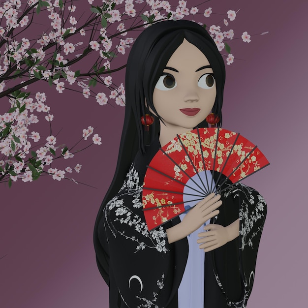 Rendu PSD 3D d'une jolie fille asiatique portant une robe de geisha avec un éventail rouge isolé sur fond violet