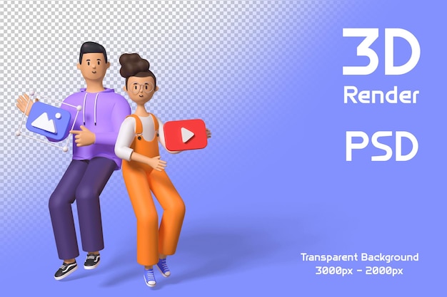 Rendu PSD 3D pour homme et femme avec icônes numériques