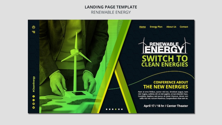 PSD renewable energy landing page template with wind turbines