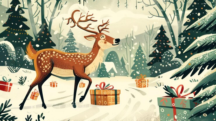 PSD un renne joyeux se promène dans une forêt enneigée entouré de cadeaux emballés et d'arbres de noël.