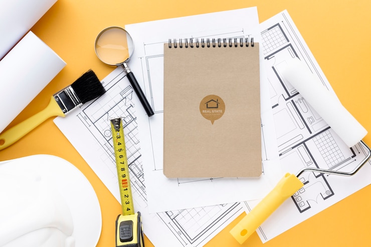 PSD reparando ferramentas com mock-up do bloco de notas em fundo laranja