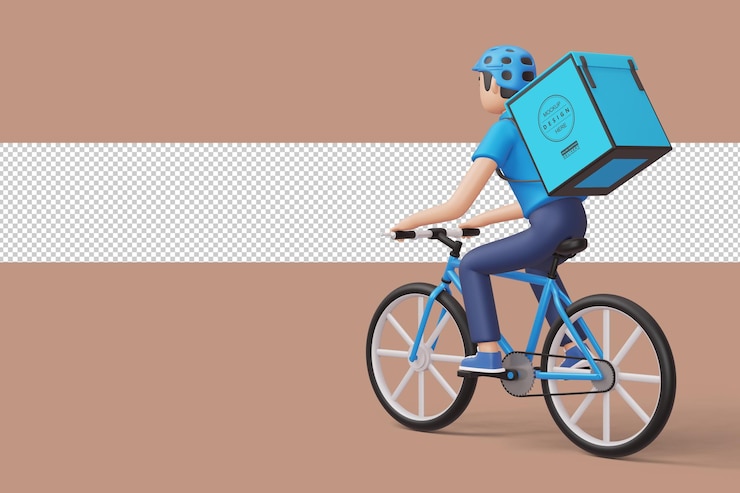 PSD repartidor de bicicletas mensajero con caja de paquetería en la parte posterior en 3d rendering