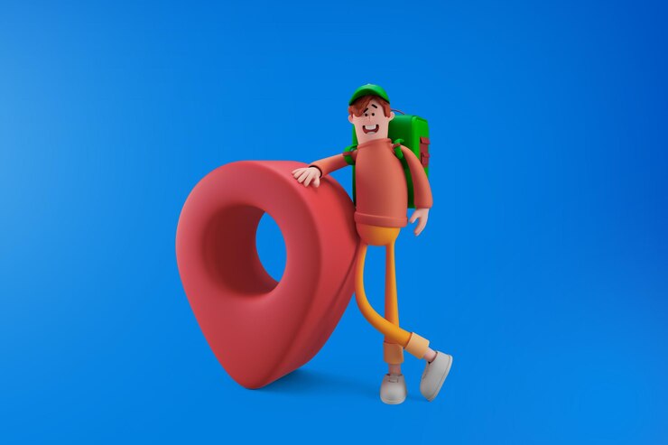 PSD repartidor feliz en uniforme con bolsa de pie con alfiler rojo sobre fondo aislado concepto de entrega 3d render personaje de dibujos animados