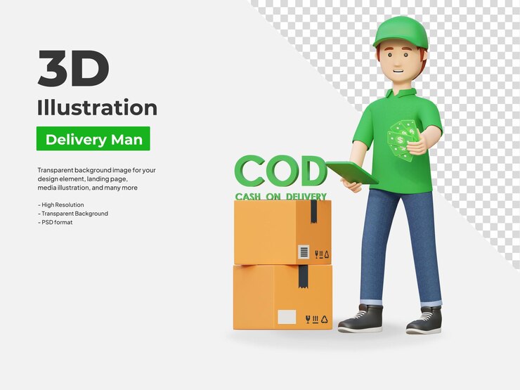 PSD repartidor de mensajería con caja de paquete de efectivo contra entrega ilustración de dibujos animados 3d
