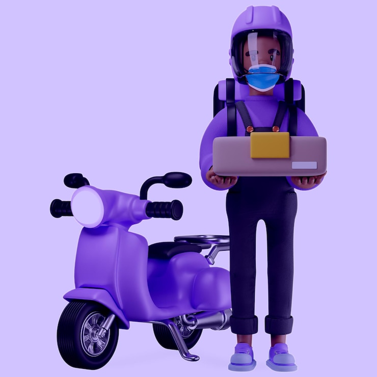 PSD un repartidor en una motocicleta con caja de entrega.