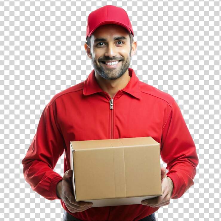 PSD el repartidor sonriendo con una suite roja aislada sobre un fondo transparente