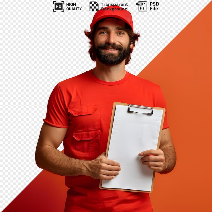 PSD el repartidor sonriente sosteniendo un clipboard con papel en blanco con camiseta roja y gorra aislada en un fondo transparente