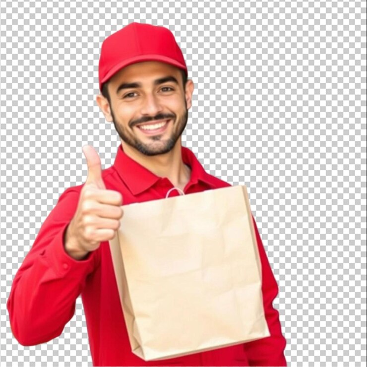 PSD el repartidor sostiene una bolsa de papel y muestra el pulgar hacia arriba en uniforme rojo