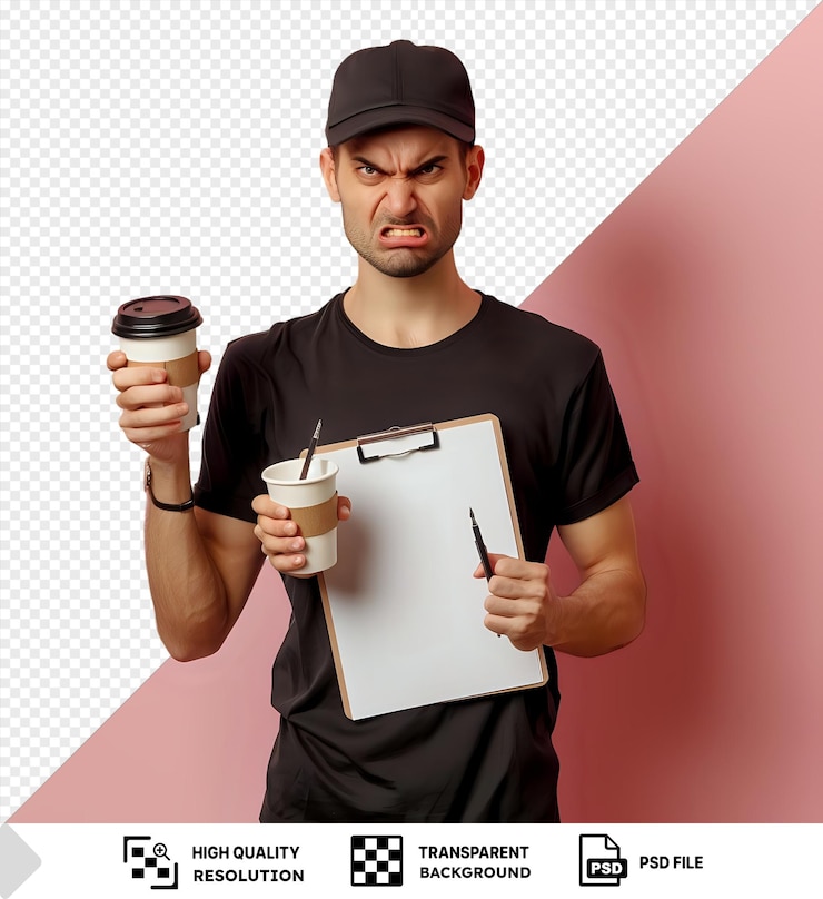 PSD el repartidor en uniforme de gorra negra con tazas de café parece enojado frente a la pared rosa
