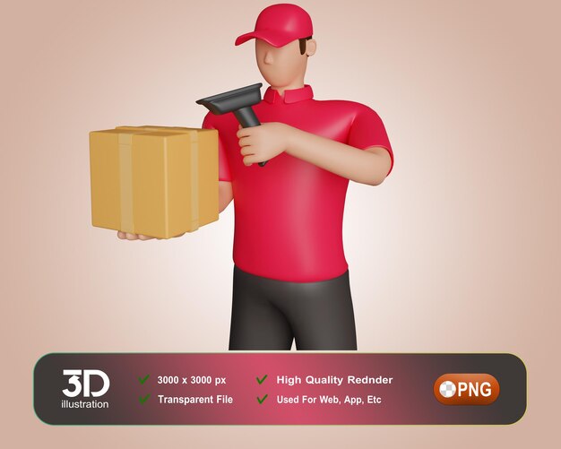 PSD repartidor en uniforme rojo se encuentra con la gran bolsa 3d ilustración personaje de dibujos animados