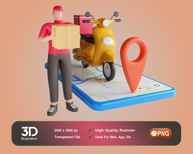 Repartidor en uniforme rojo se encuentra con la gran bolsa 3d ilustración Personaje de dibujos animados