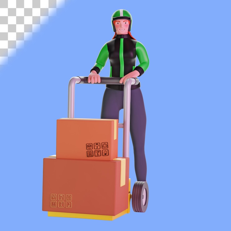 PSD repartidora 3d y carro de sujeción cargado con cajas de cartón