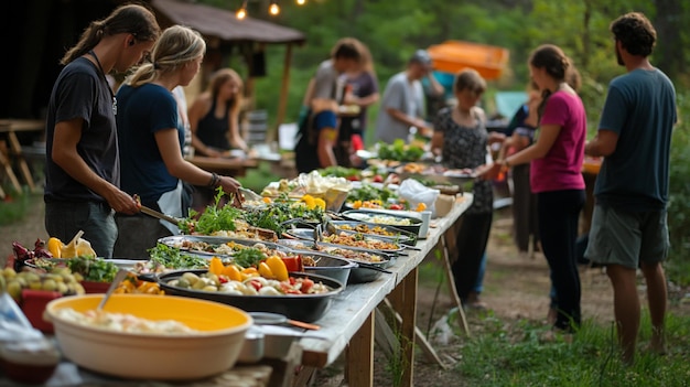 repas commun en plein air groupe diversifié de personnes se servant à partir d'une longue table buffet chargée de divers plats et aliments entourés de la nature dans un cadre rustique