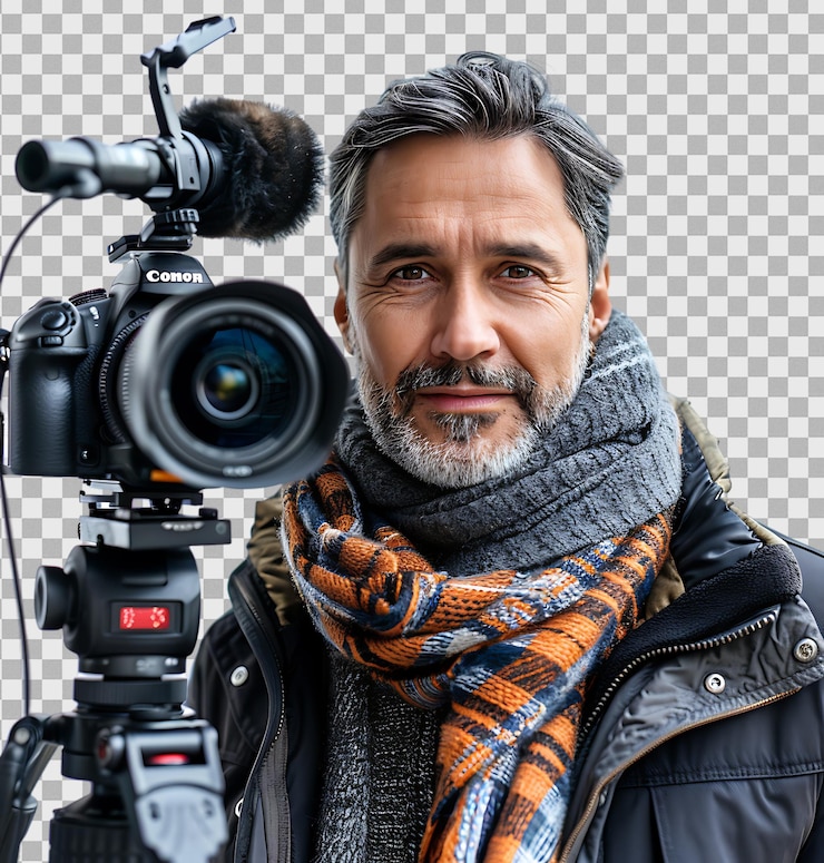 PSD reportero entrevistando a otra persona en un fondo transparente