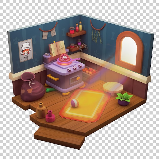 Representação 3D de cozinha estilizada isométrica