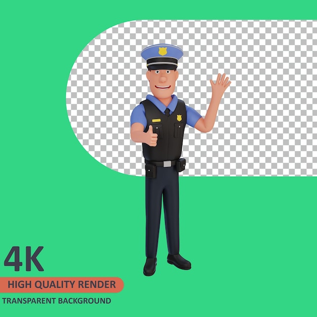 Representação de modelo 3d do personagem de desenho animado do policial acenando e fazendo sinal de positivo