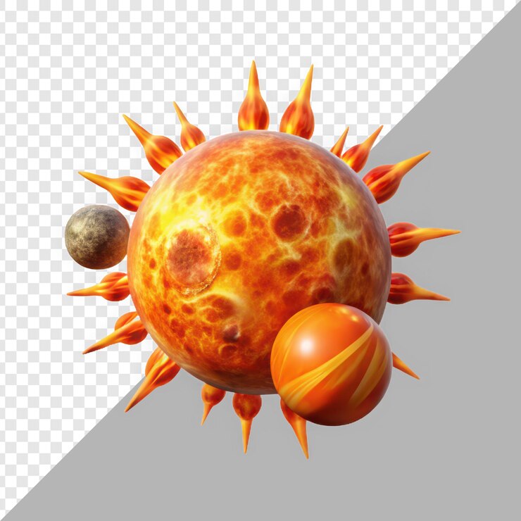 PSD representação de um sistema solar vibrante com um sol de fogo, planetas coloridos e um grande gigante de gás