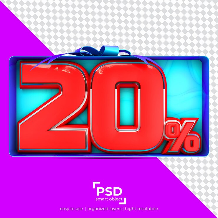 PSD representación 3d del 20 por ciento con cinta en la parte superior y una bonita caja en un fondo aislado