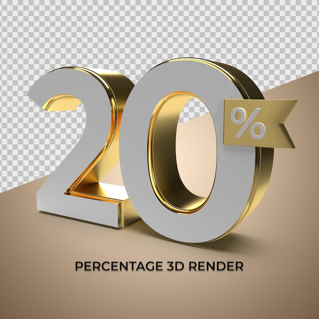 Representación 3D 20 por ciento de estilo dorado para el elemento de producto promocional de venta con descuento