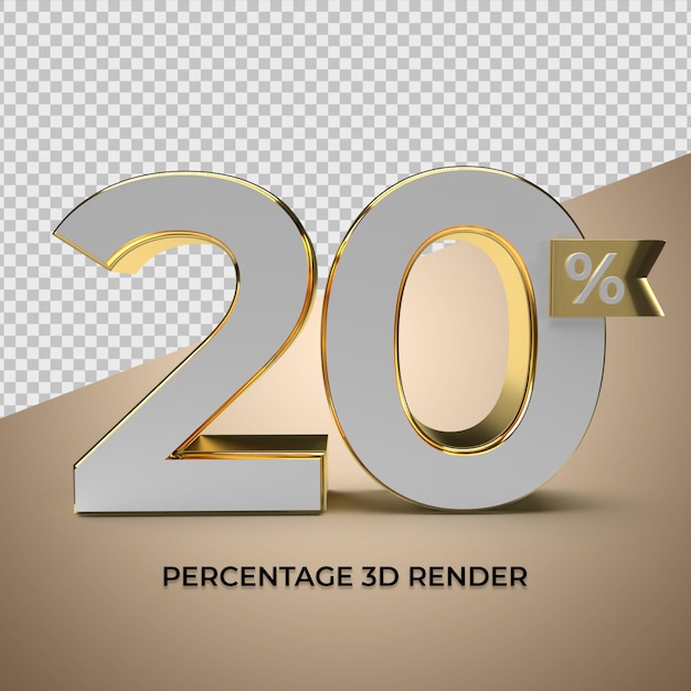 Representación 3D 20 por ciento de estilo dorado para el elemento de producto promocional de venta con descuento