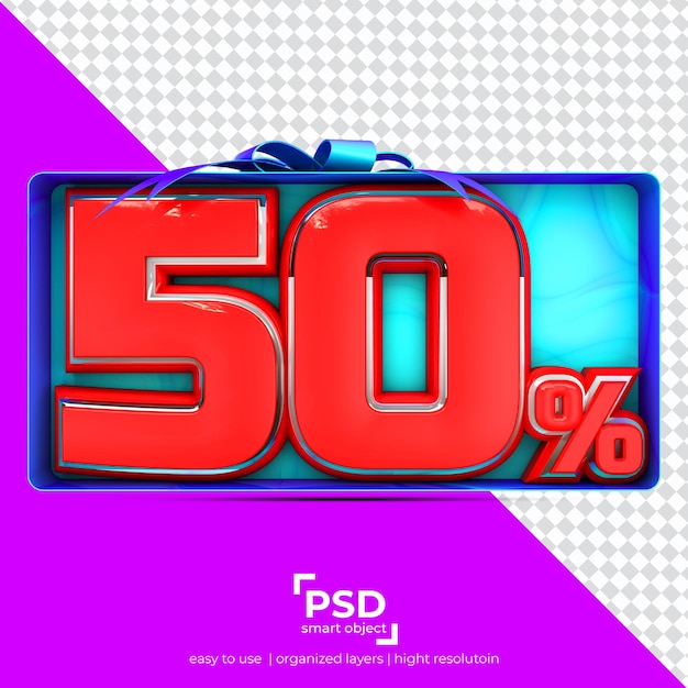 Representación 3D del 50 por ciento con cinta en la parte superior y una bonita caja en un fondo aislado