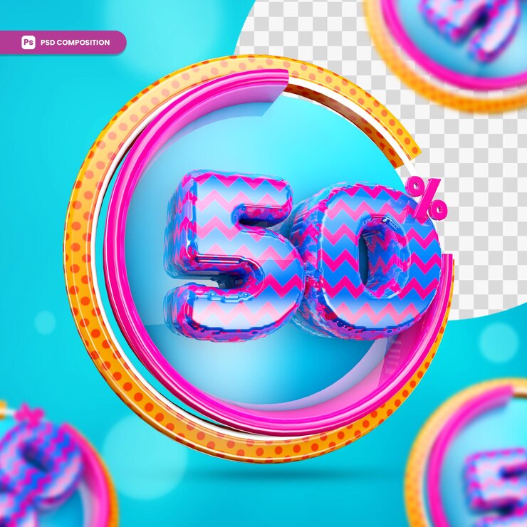 PSD representación 3d 50 porcentaje de descuento banner de descuento para compras aisladas