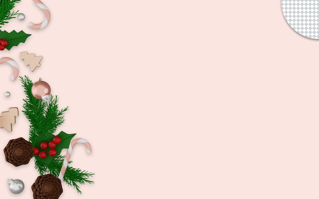 PSD representación 3d de adornos de feliz navidad sobre fondo rosa