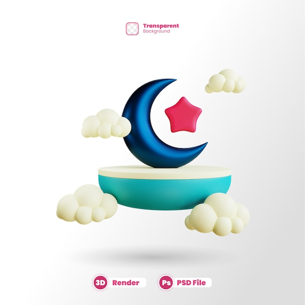 representación 3d aislada de media luna y estrella con fondo transparente
