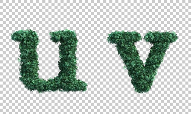 Representación 3D del alfabeto en minúscula de cannabis u y el alfabeto v