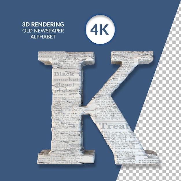 Representación 3d del alfabeto de periódico antiguo aislado