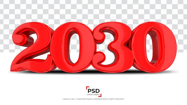 Representación 3d de año nuevo rojo 2030 aislada sobre fondo transparente