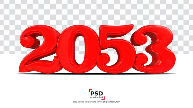 Representación 3d de año nuevo rojo 2053 aislada sobre fondo transparente