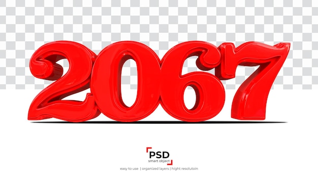 Representación 3d de año nuevo rojo 2067 aislada sobre fondo transparente