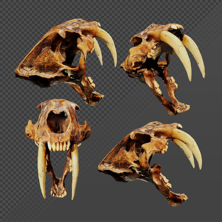 PSD representación 3d de la antigua vista en perspectiva de fósil de hueso animal de tigre dientes de sable