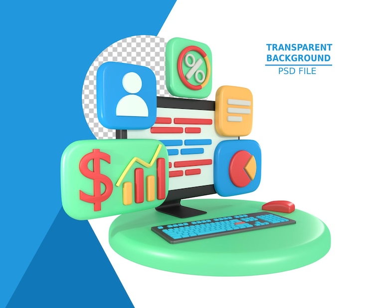 PSD representación 3d de la aplicación de informe financiero empresarial en computadora