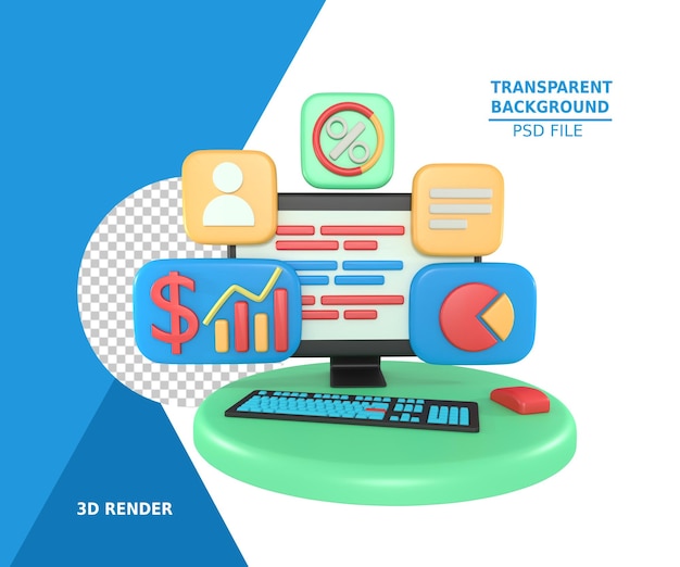 Representación 3d de la aplicación de informe financiero empresarial en computadora