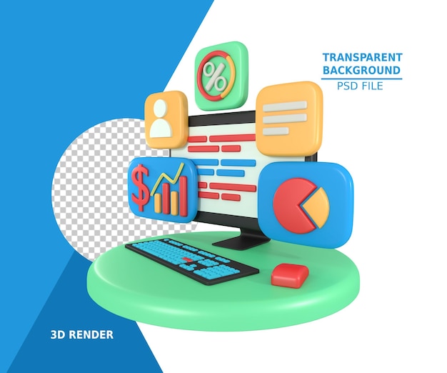 Representación 3d de la aplicación de informe financiero empresarial en computadora