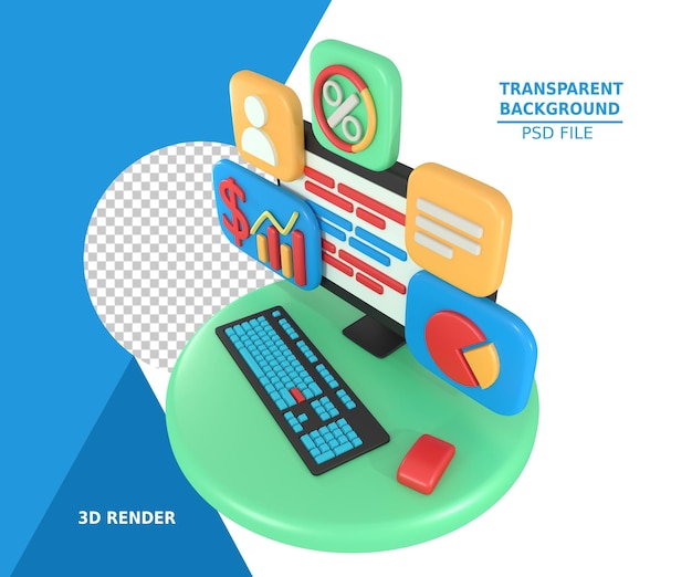 Representación 3d de la aplicación de informe financiero empresarial en computadora