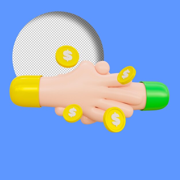 Representación 3D de un apretón de manos con la ilustración del concepto de acuerdo financiero de monedas