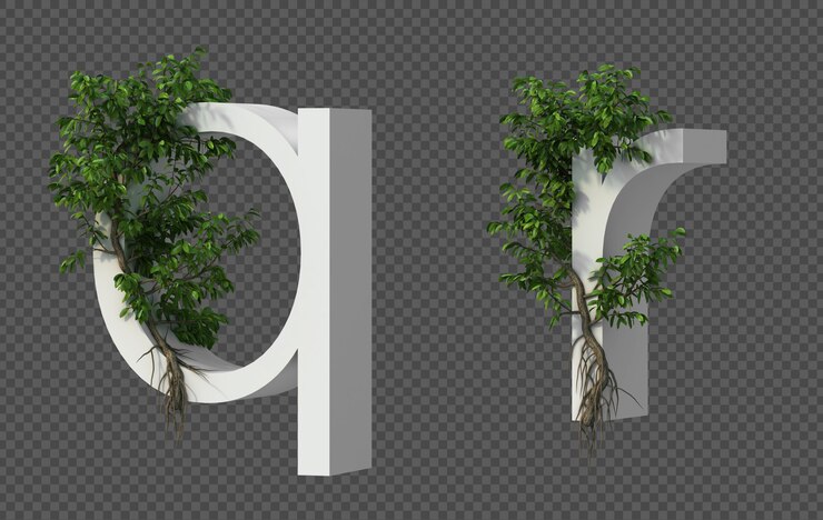 PSD representación 3d del árbol rastrero en el alfabeto q y el alfabeto r
