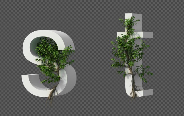 Representación 3D del árbol rastrero en el alfabeto sy el alfabeto t