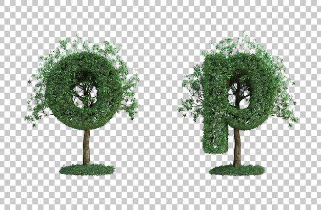 Representación 3D de árbol verde letra O y letra P