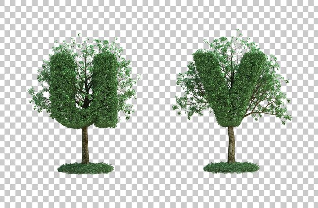 Representación 3D de árbol verde letra uy letra v
