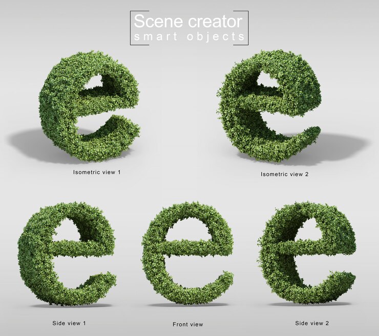 PSD representación 3d de arbustos en forma de letra e