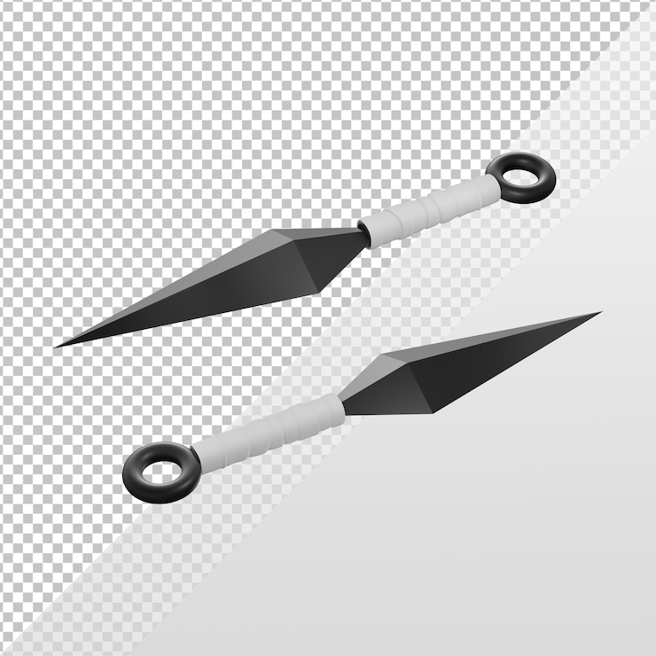PSD representación 3d de armas ninja kunai desde la vista en perspectiva delantera y trasera